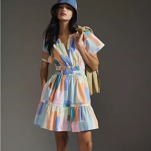 Anthropologie Somerset Mini Dress Pastel Size LP Patchwork Tiered Summer Dress
